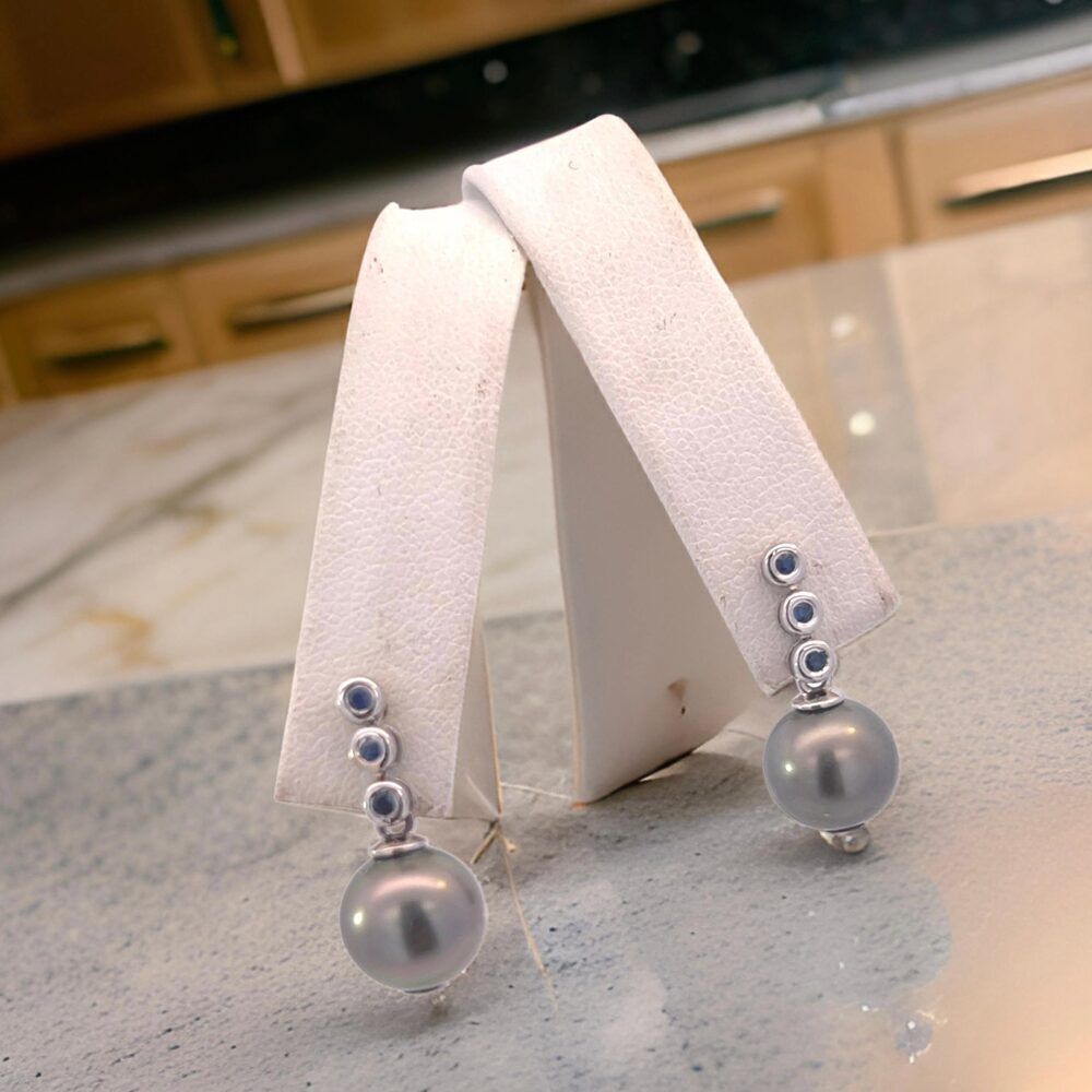 Tahitian Pearl & Sapphire Earrings 14k Gold 9.46 mm Certified $1,790 111301